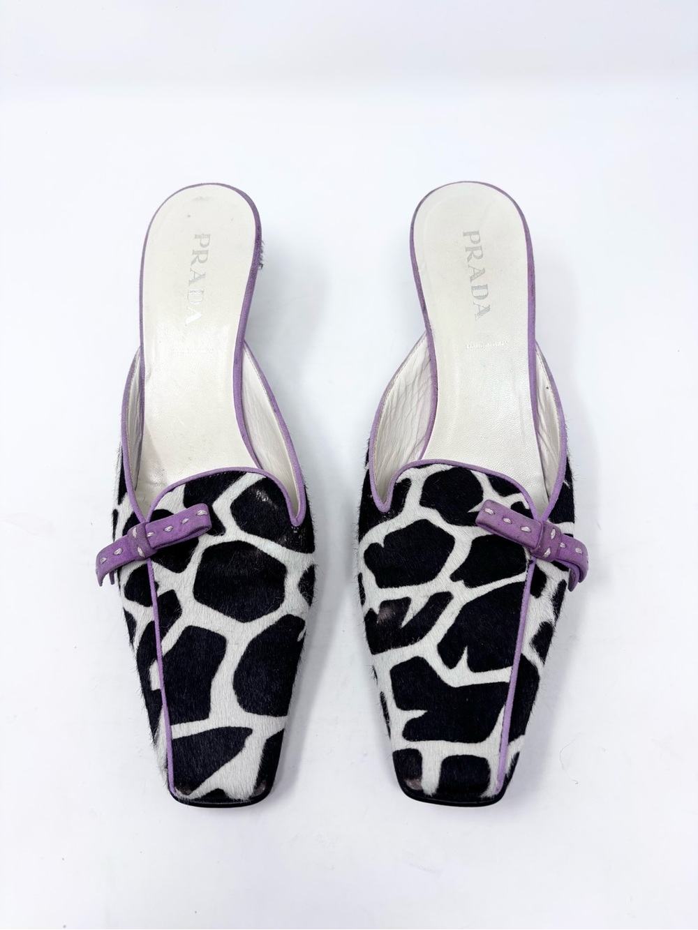 Vintage Prada Giraffe Print Calf Hair Kitten Heel Mule Square Toe Bow Archive 38 - Picture 3 of 11